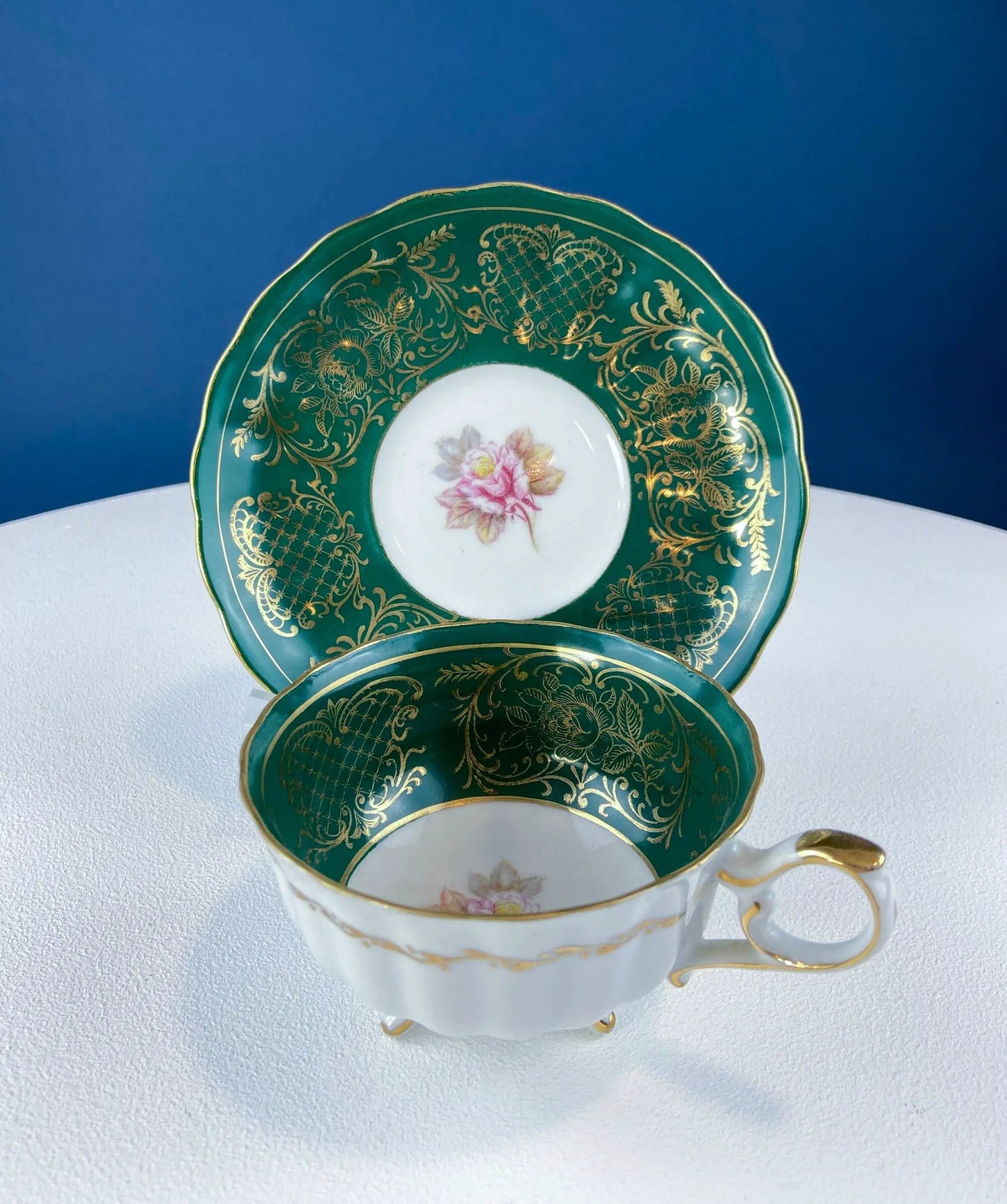 Vintage Schumann Arzberg tea cup trio in deep green porcelain with gold filigree on Tampa Home & Garden Store