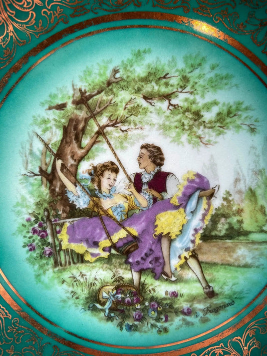 Vintage Schumann Arzberg tea cup trio in deep green Bavarian porcelain with romantic scene on Tampa Home & Garden Store