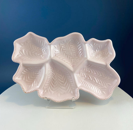 Vintage Shell Pink Jeanette Milk Glass Divided Serving Platter. Stunning 3-d Feather Motif. 6 Section Bowl. Appetizers Condiments Fruit. - Tampa Home & Garden Store
