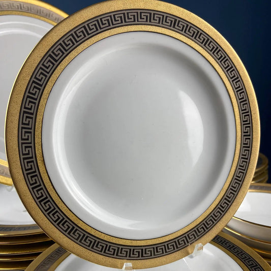 Sheng Xing porcelain dinner plates set with gold rim and black Greek key border on Tampa Home & Garden Store