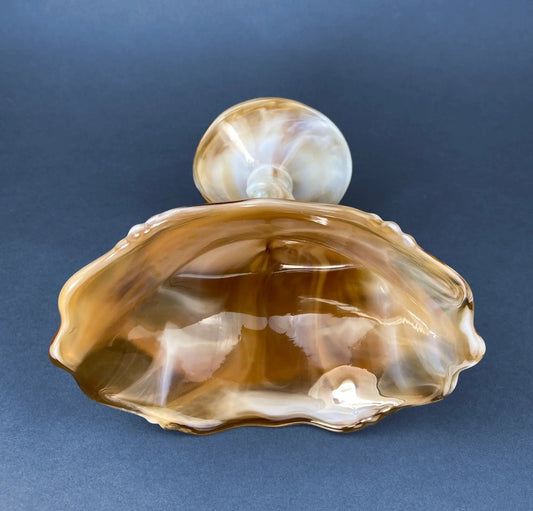Vintage slag glass footed bowl with floral base in brown and cream marbling on Tampa Home & Garden Store