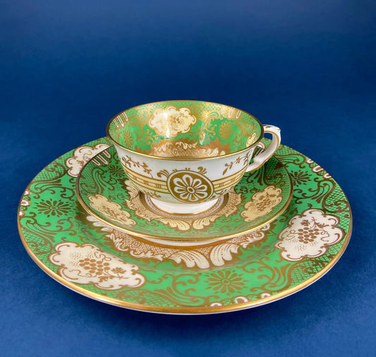 Vintage Staffordshire porcelain tea trio cups and saucers in green gold pink pattern on Tampa Home & Garden Store