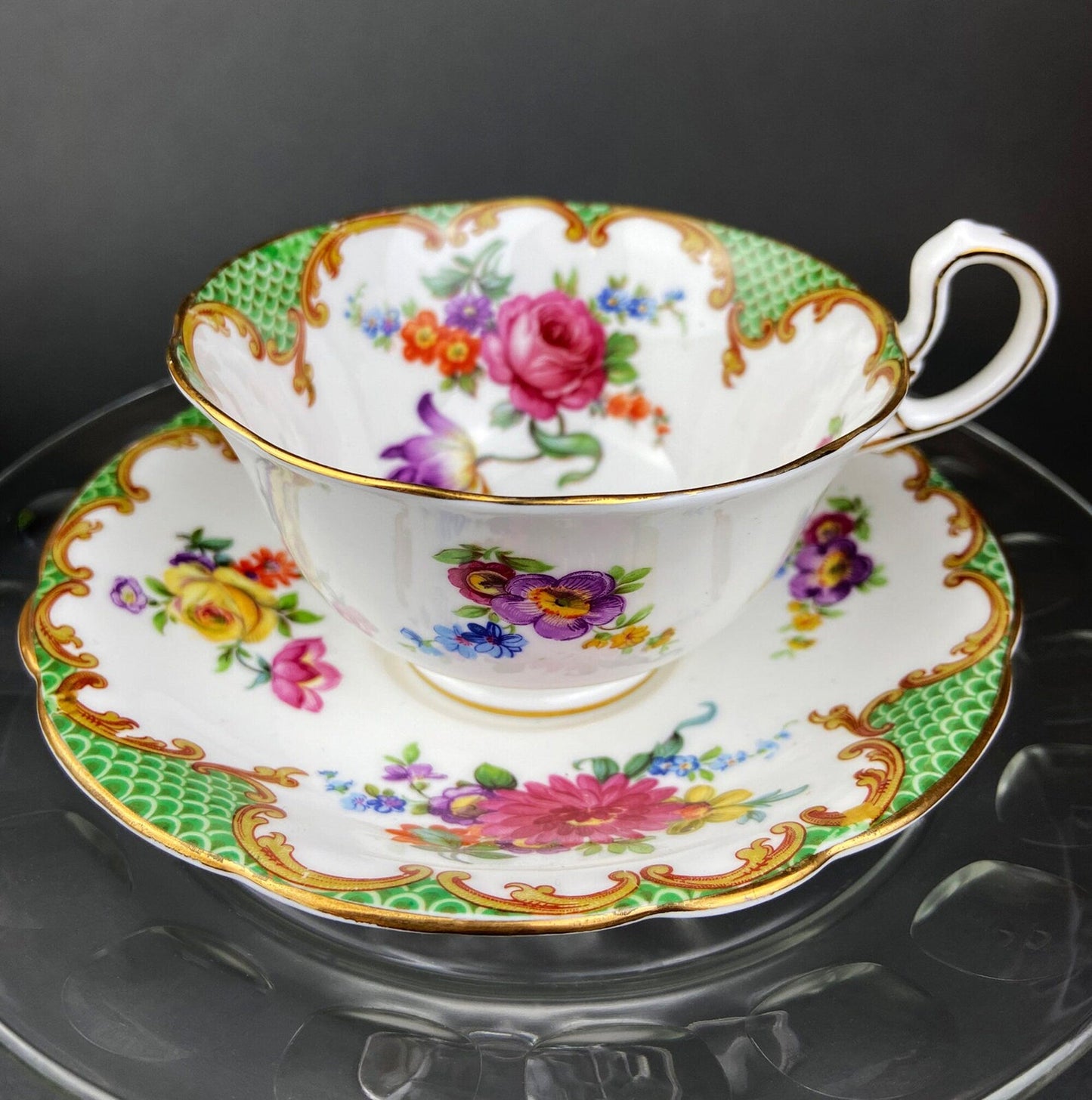 Vintage Staffordshire Tea Trio: Green, Gold, and Pink Porcelain Set - Tampa Home & Garden Store