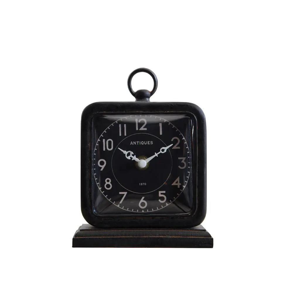Vintage pewter table clock with square black metal case, ring top handle, antique dial on Tampa Home & Garden Store