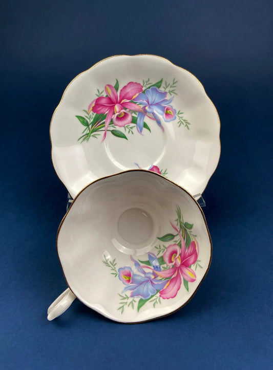 Vintage Royal Albert Orchid Motif teacup and saucer in china with pink and purple orchids on Tampa Home & Garden Store