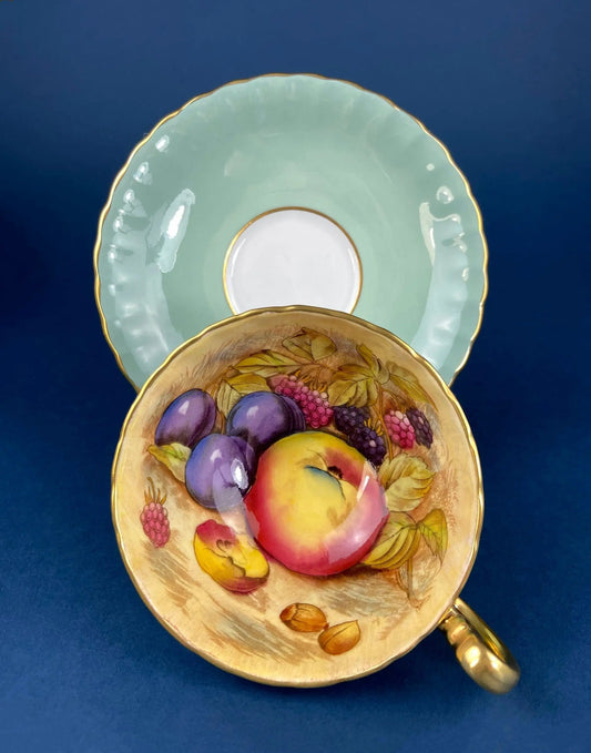 Vintage Aynsley bone china tea cups and saucers with fruit motif, green interior and gold rims, set of 2 on Tampa Home & Garden Store