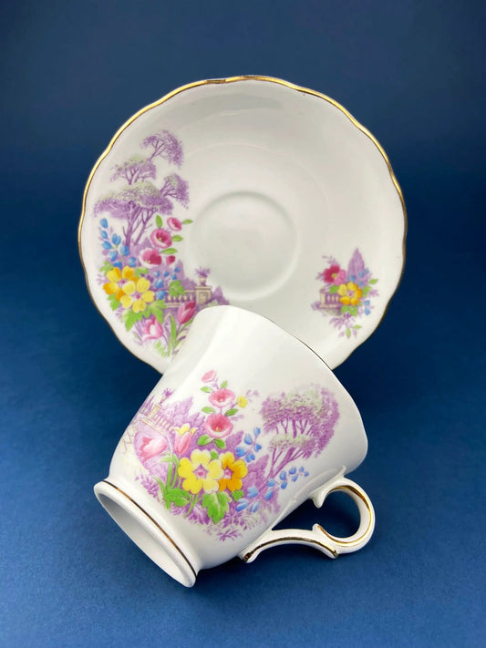 2-piece tea cup and saucer set with pastel floral pastoral scene on white bone china on Tampa Home & Garden Store