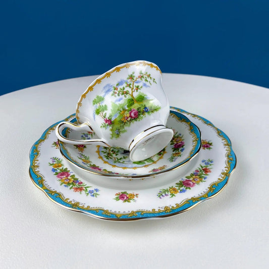 Vintage Royal Albert Chelsey Bird tea set trio, floral pattern, gold trim, stacked cups and saucers on Tampa Home & Garden Store
