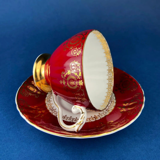 Vintage teacup and saucer set in red porcelain with gold filigree trim Royal Grafton China on Tampa Home & Garden Store