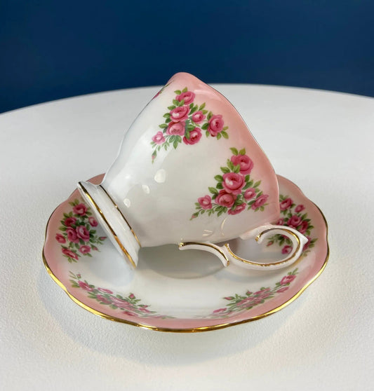 Royal Albert Dainty Dina Mary teacup and saucer with pink rose pattern and gold trim on Tampa Home & Garden Store