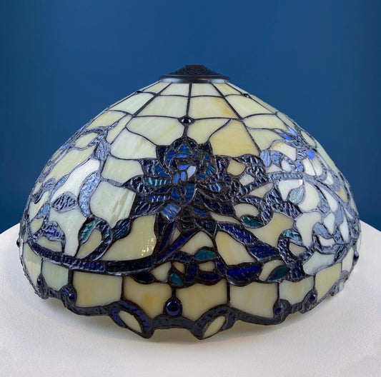 Vintage Tiffany Style Stained Glass Lamp Shade. Unusual Blue & Beige Floral Motif. For Standing, Table or Pendant Lamps. Classic Home Decor. - Tampa Home & Garden Store