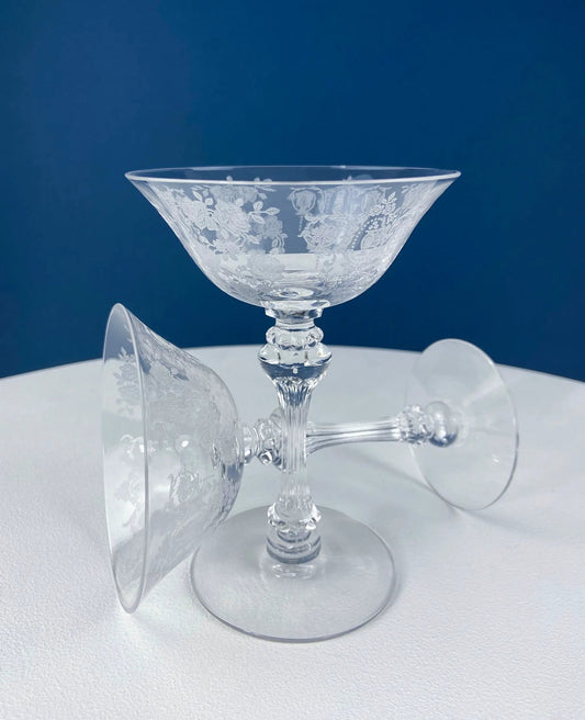 Vintage Tiffin Franciscan Champagne stemware set of 3 with clear etched floral motif on Tampa Home & Garden Store