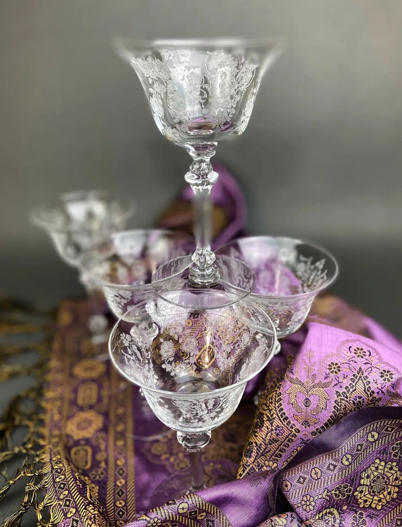 Vintage Tiffin Franciscan Champagne Stemware, 8 clear-crystal stems with etched motif on Tampa Home & Garden Store