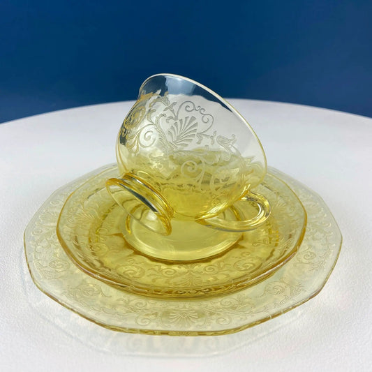 Teacup and saucer set, topaz Fostoria Versaille with etched floral pattern (3 pcs) on Tampa Home & Garden Store