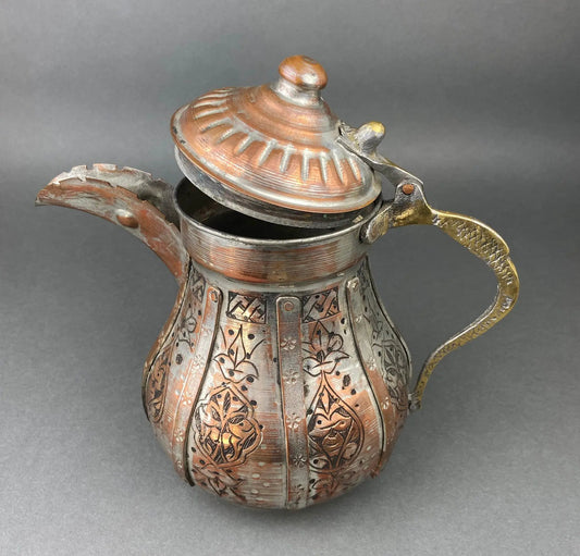 Vintage Turkish copper coffee pot with lid, hand hammered, ornate etched decor on Tampa Home & Garden Store