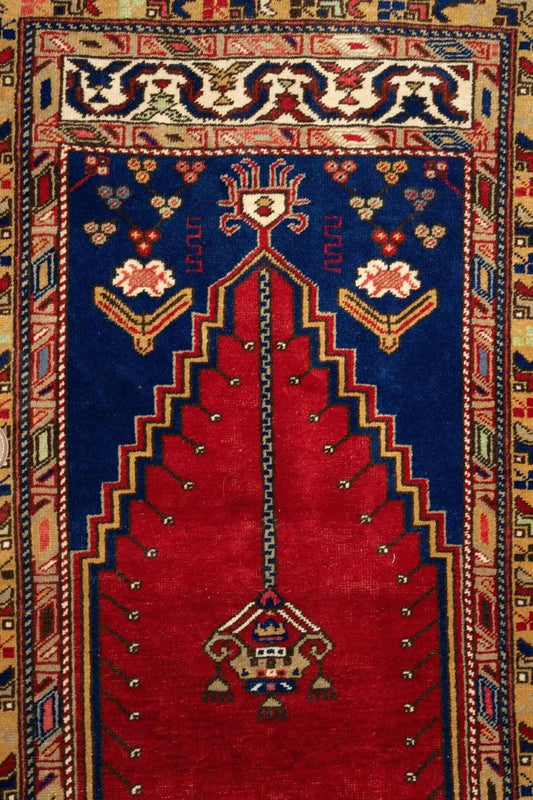 Vintage Turkish Wool Prayer Rug 4x6 with blue field, red central motif and colorful border on Tampa Home & Garden Store