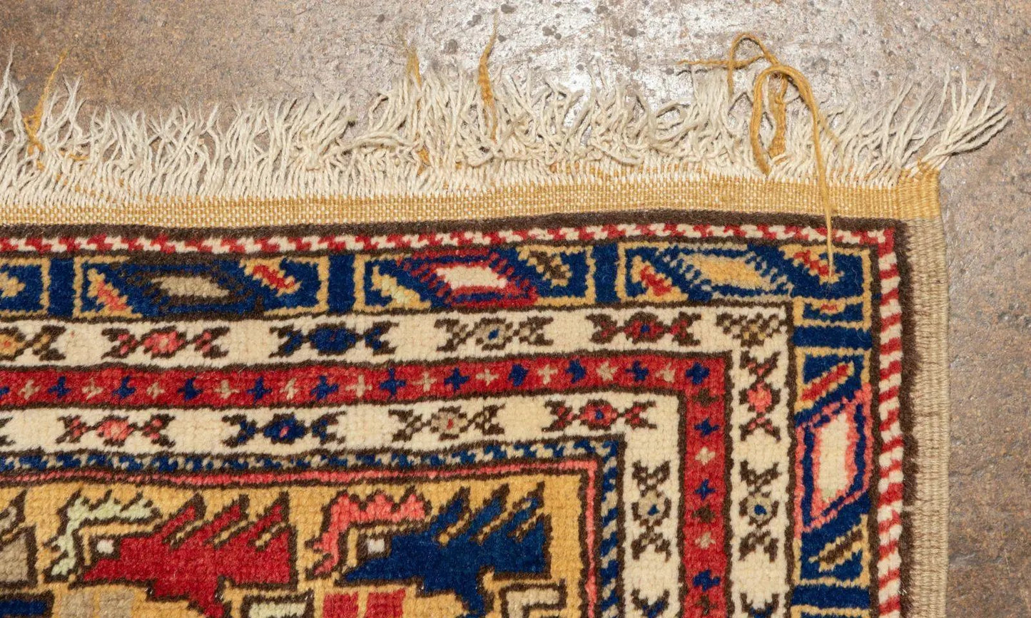 Rug Vintage Turkish wool prayer rug 4x6 with red blue cream geometric border fringe on Tampa Home & Garden Store