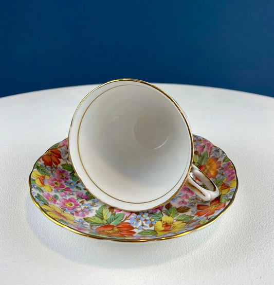 Vintage Tuscan Cup and Saucer set with colorful floral saucer and gold rim on Tampa Home & Garden Store