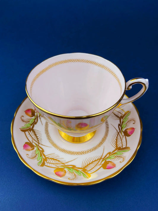 Vintage Tuscan pink acorn motif tea cup and saucer set in fine bone china with gold trim on Tampa Home & Garden Store