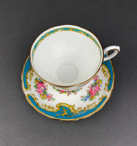 Vintage Tuscan Naples Tea Cup and Saucer with turquoise border and floral motif on Tampa Home & Garden Store