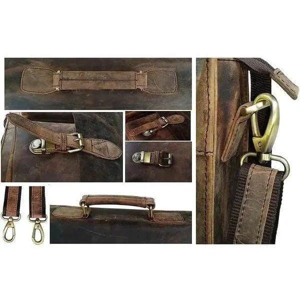 Buffalo Hunter Leather Laptop Messenger Bag brown leather with brass hardware and strap on Tampa Home & Garden Store