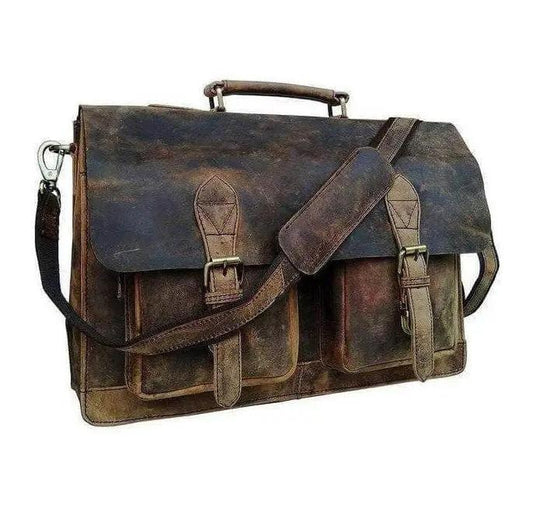 Buffalo Hunter leather laptop messenger bag with brown leather and buckle closures on Tampa Home & Garden Store