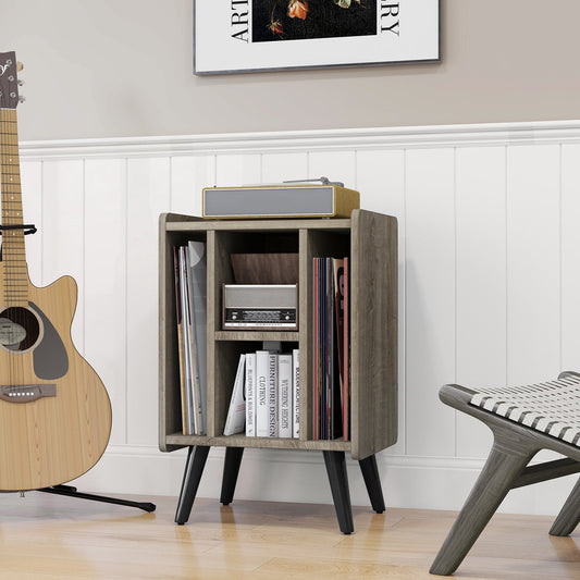 Mueble Tocadiscos para Discos de Vinilo con 4 Estantes Abiertos-Gris