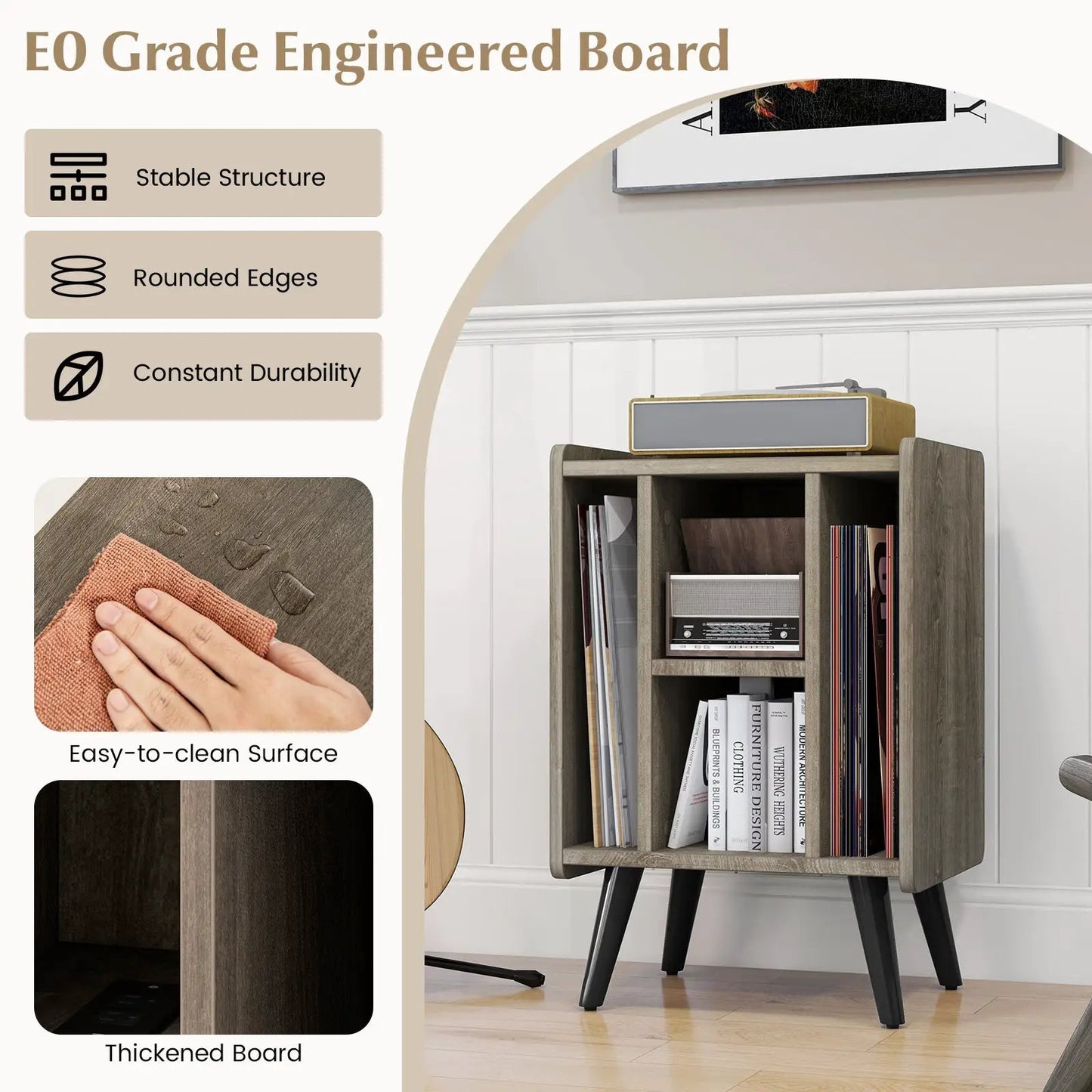 Vinyl Record Storage Stand with Four Open Shelves gray wood DirectDeals brand on Tampa Home & Garden Store