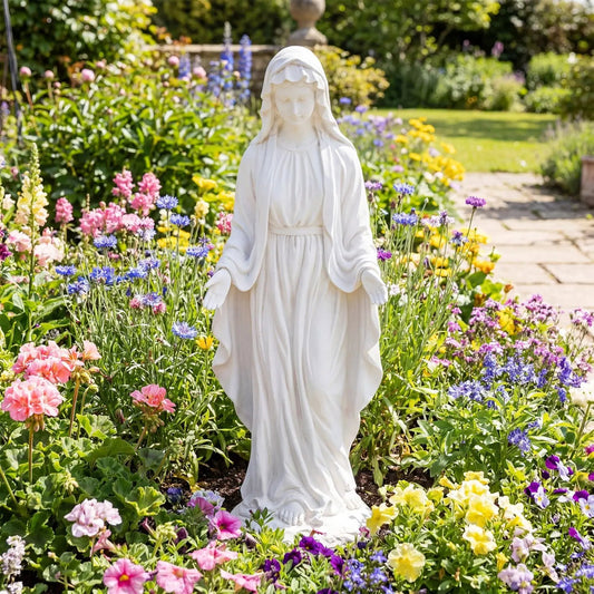 Virgin Mary statue, 29.5-in-tall white outdoor garden sculpture with aged finish amid colorful flowers on Tampa Home & Garden Store