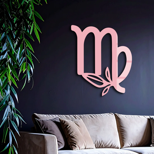 Virgo Zodiac Symbol Metal Wall Art Floral Decor pink finish with leaf accents on Tampa Home & Garden Store