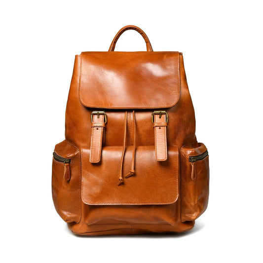 Vortex Leather Backpack tan brown leather with top handle and brass buckles on Tampa Home & Garden Store