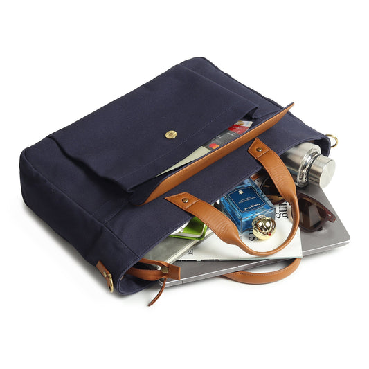 Voyager Canvas Leather Briefcase, Dark Blue - Tampa Home & Garden Store