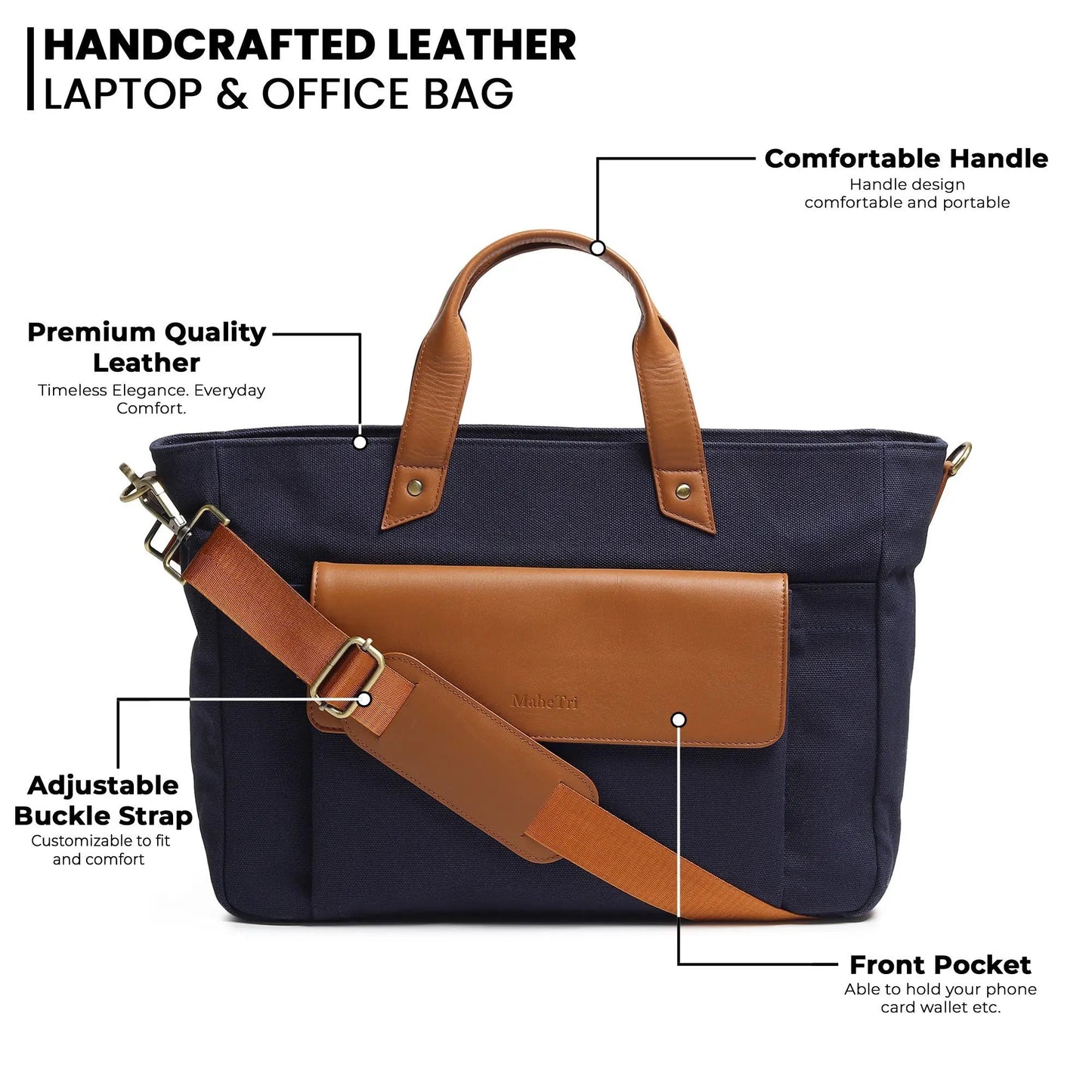 Voyager Canvas Leather Briefcase in dark blue with tan leather handles and crossbody strap on Tampa Home & Garden Store