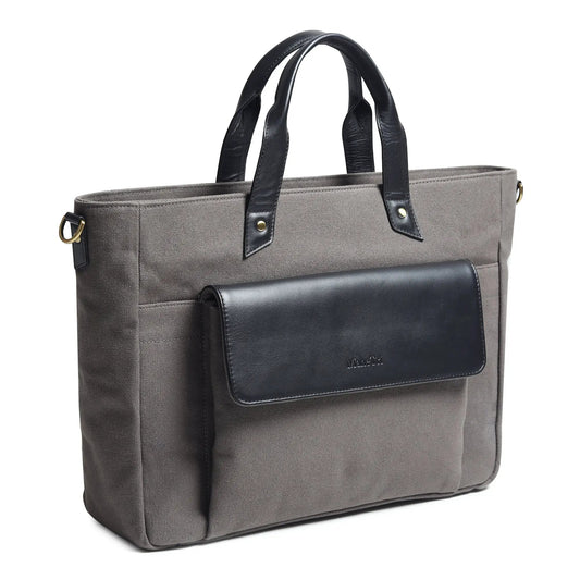 Voyager Canvas Leather Briefcase gray canvas with black leather handles and front pocket on Tampa Home & Garden Store