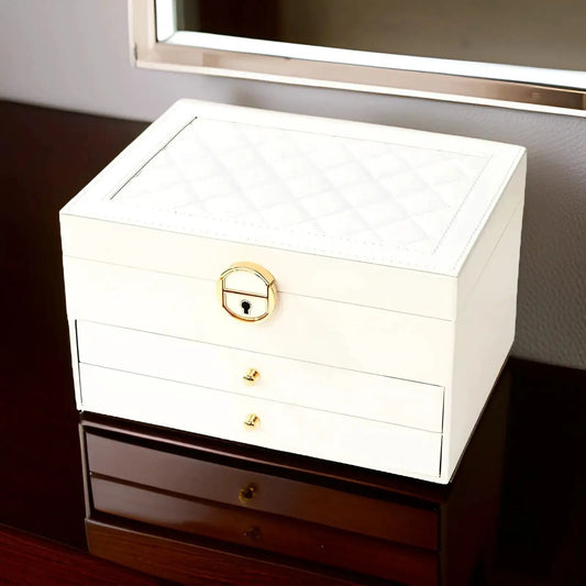 PU Leather Jewelry Box Organizer, white quilted lid, gold hardware by Moktan Sabai on Tampa Home & Garden Store