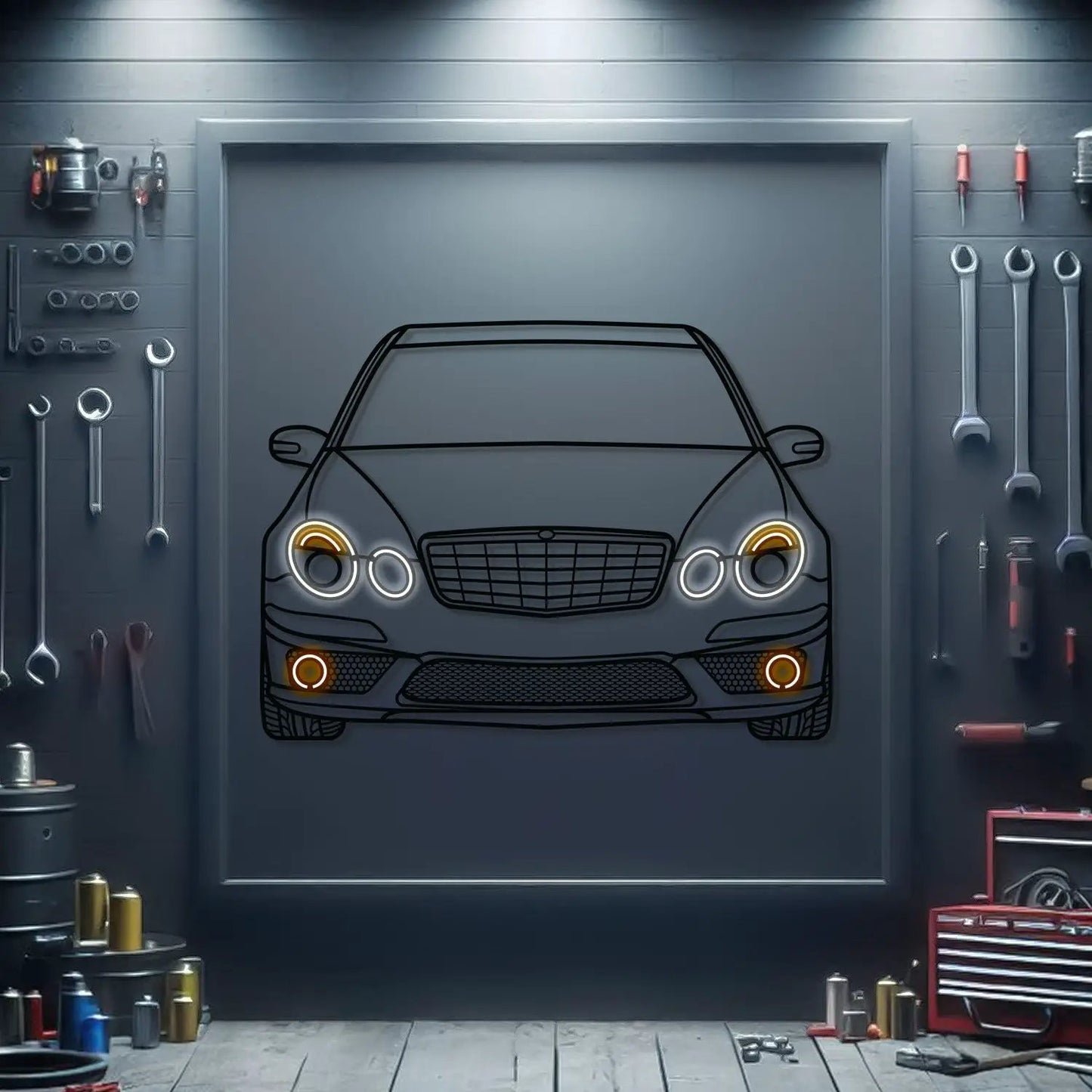 W211 AMG front-view metal neon car wall art by Modello Turbo on Tampa Home & Garden Store