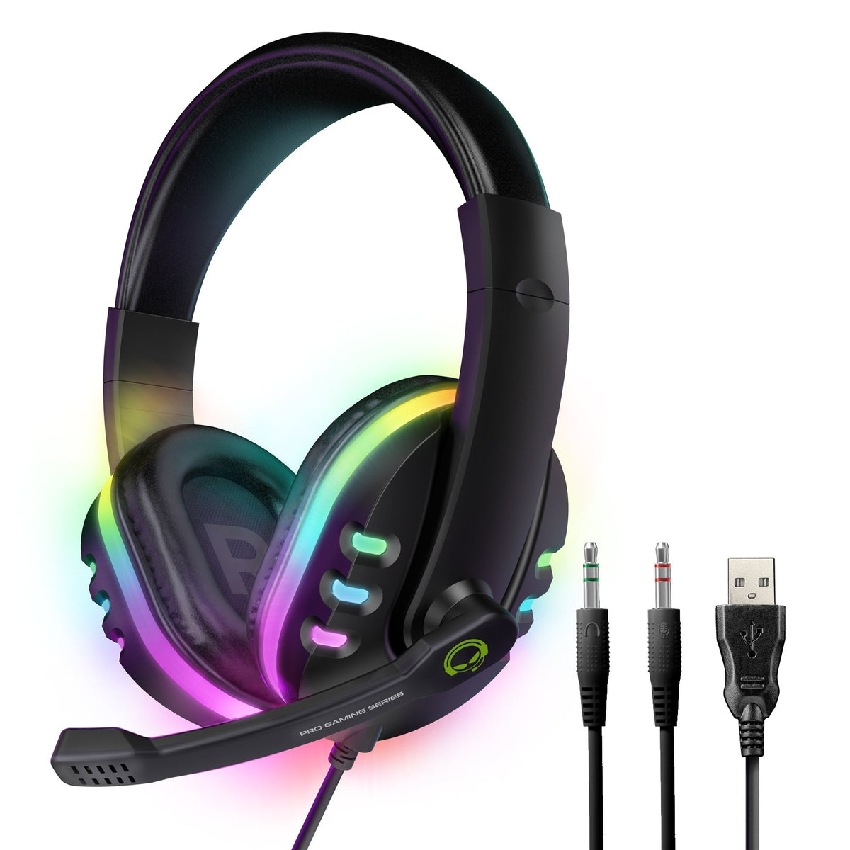 SoundRecon RGB LED Gaming Headset black with rainbow-lit ear cups and USB/3.5mm cable on Tampa Home & Garden Store