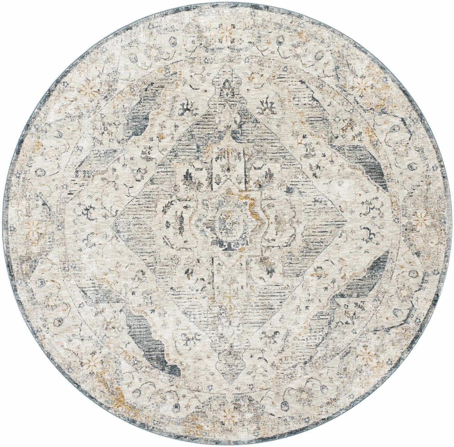 Round rug Wadeye Luxe Fringe Rug in mustard and gray with distressed vintage motif Boutique Rugs on Tampa Home & Garden Store