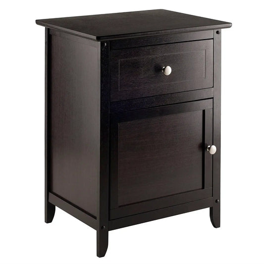 Espresso wood nightstand with two drawers and a lower cabinet, round silver knobs on Tampa Home & Garden Store