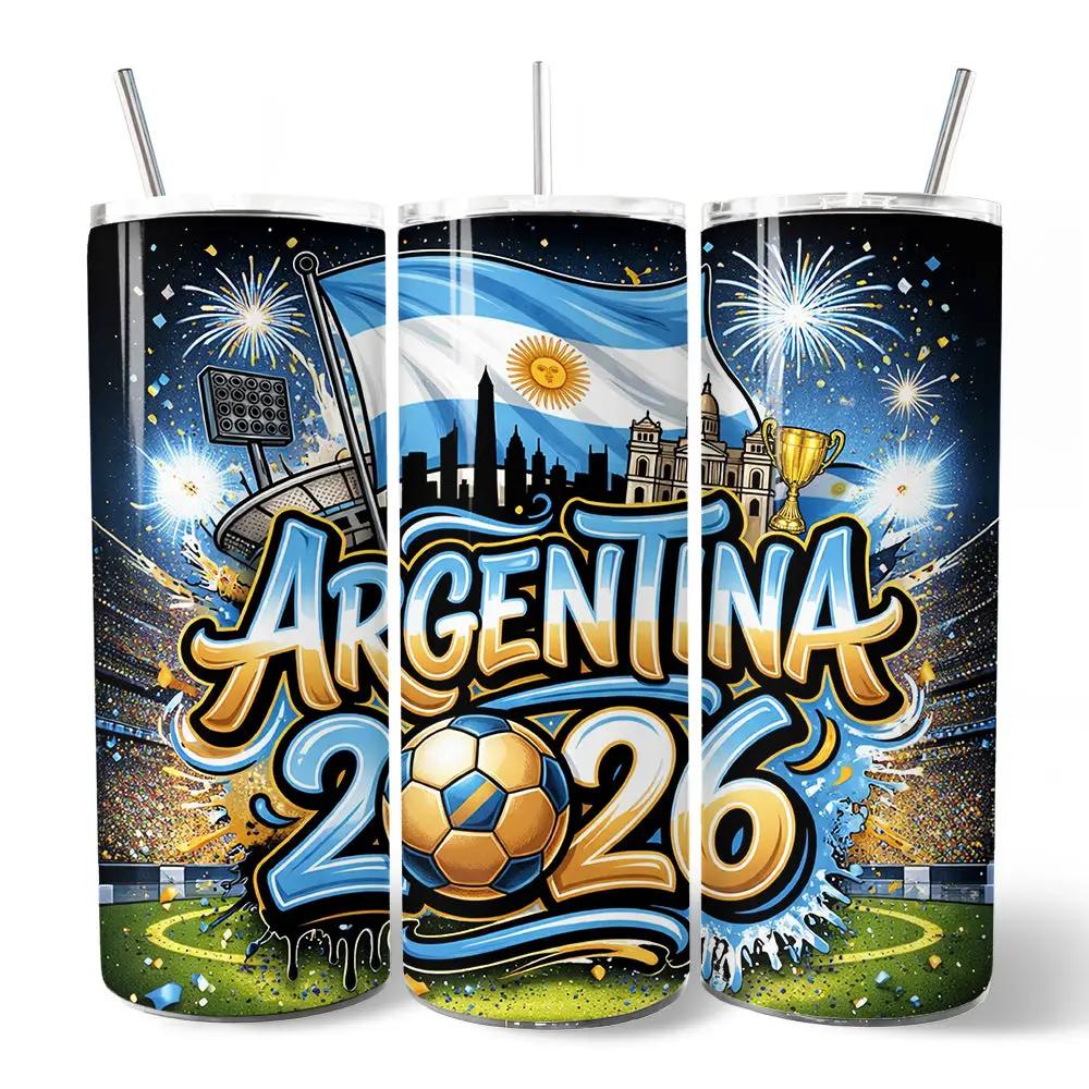 Tumbler 20oz Argentina 2026 Soccer Cup with Lid; colorful three-panel wrap with flag and soccer ball on Tampa Home & Garden Store