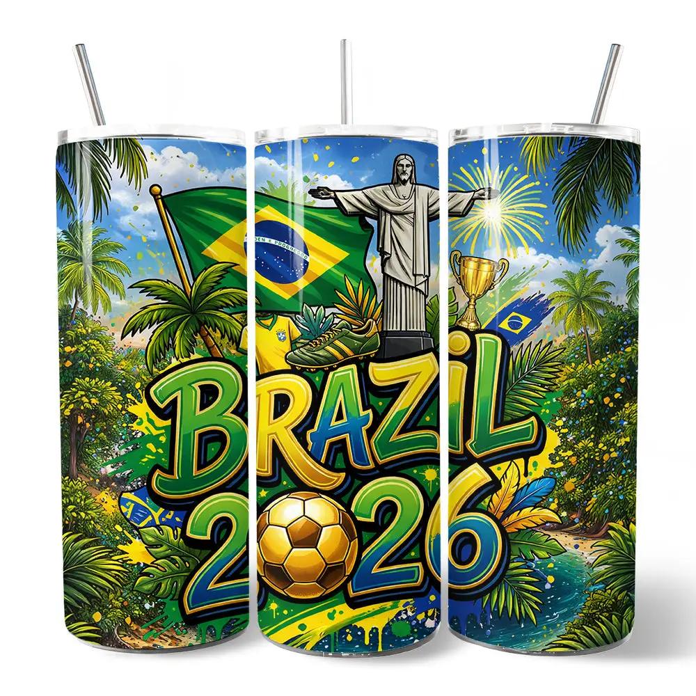 Tumbler 20oz Brazil 2026 Soccer Cup with Straw—set of 3 with Brazil flag and Redeemer statue on Tampa Home & Garden Store