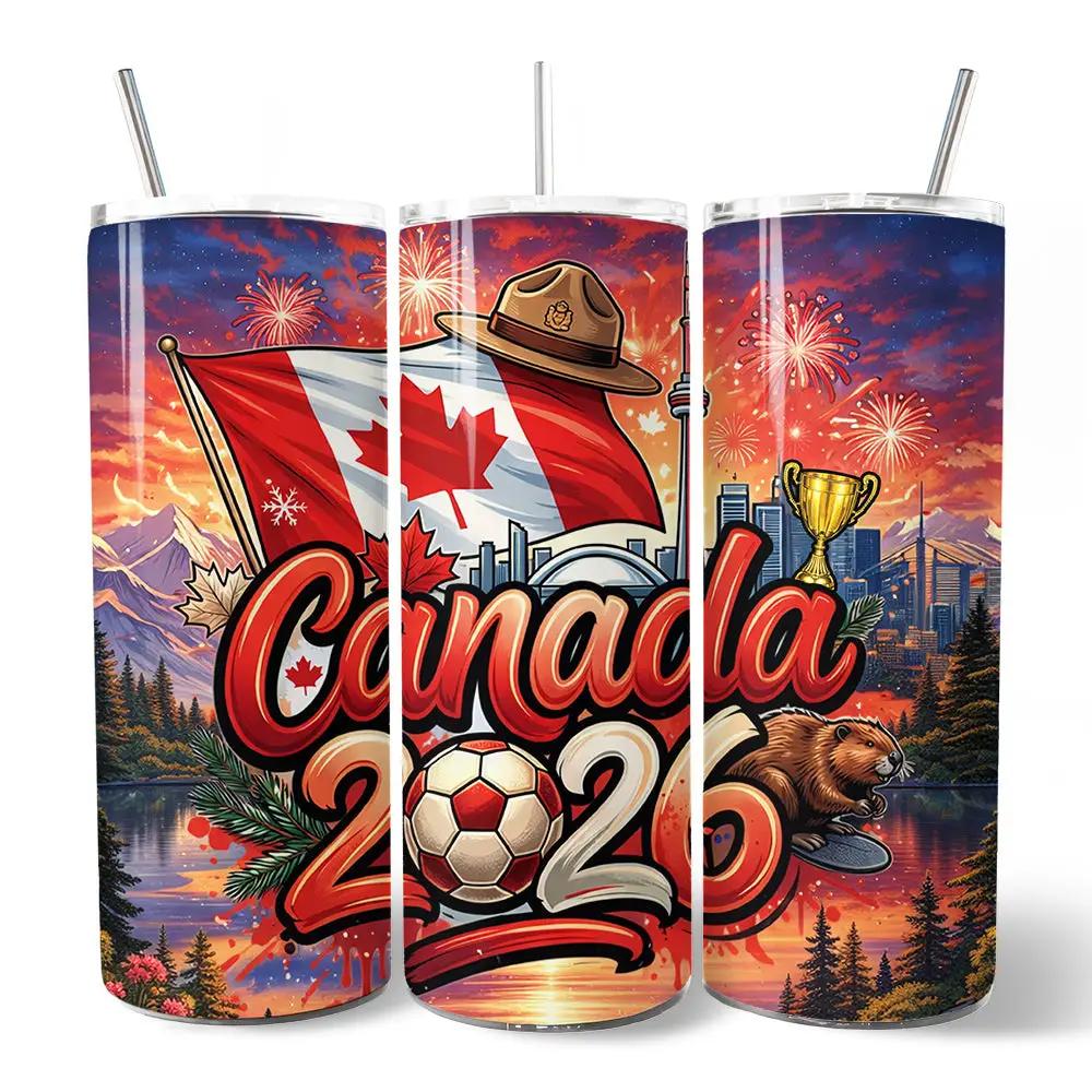 Canada 2026 Soccer Cup 20oz tumbler with straw OrnamentallyYou, flag, soccer ball, skyline on Tampa Home & Garden Store
