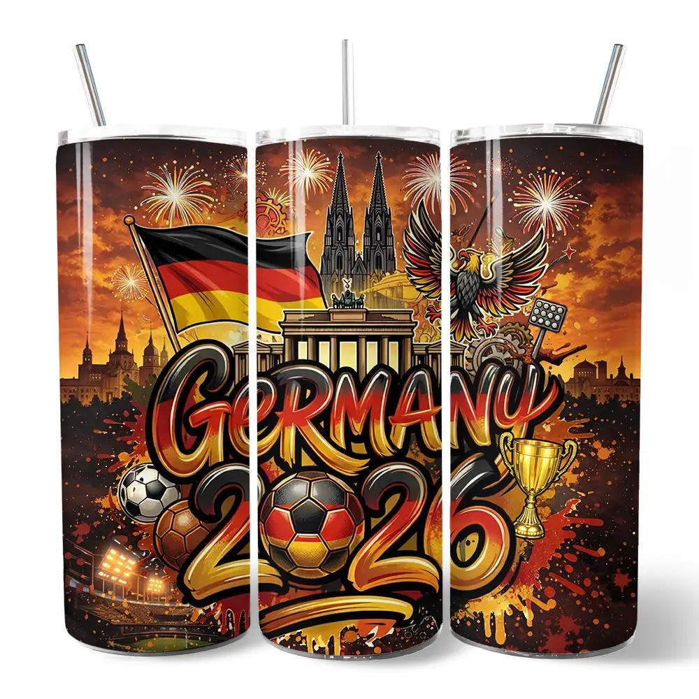 Germany 2026 Soccer Cup 20oz tumbler with lid, triplet 3-pack with German flag and soccer on Tampa Home & Garden Store