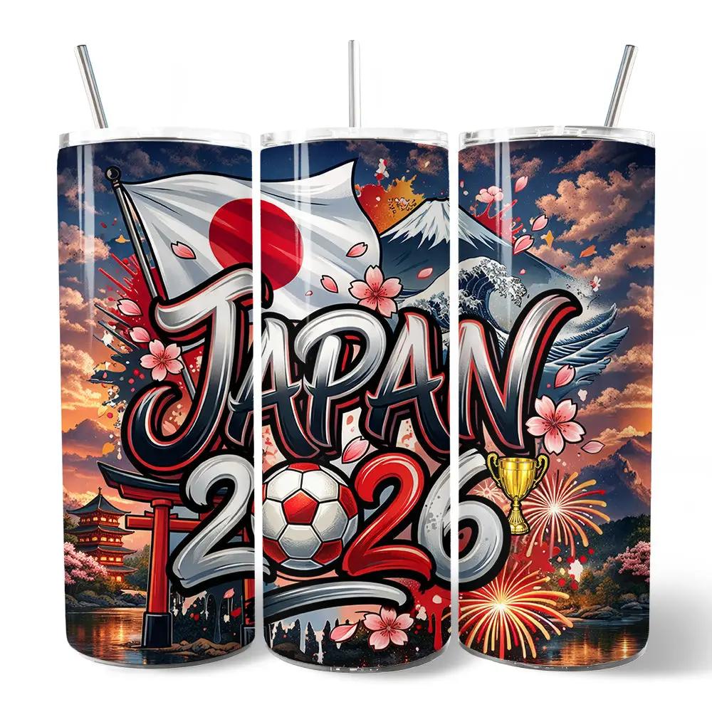 Japan 2026 Soccer Cup Tumbler 20oz set with lid and straw by OrnamentallyYou, 3 tumblers on Tampa Home & Garden Store