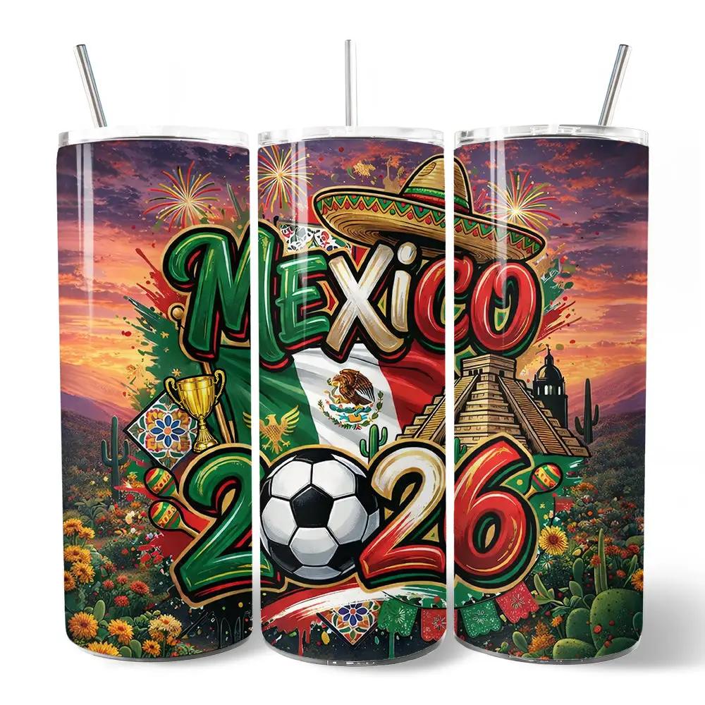 Mexico 2026 Soccer Cup Tumbler 20oz 3-pack with lid and straw, colorful Mexican design OrnamentallyYou on Tampa Home & Garden Store