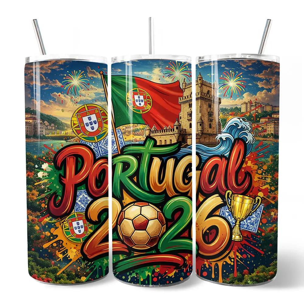 Portugal 2026 Soccer Cup Tumbler set of 3 with straws, vivid flag, soccer ball and trophy on Tampa Home & Garden Store