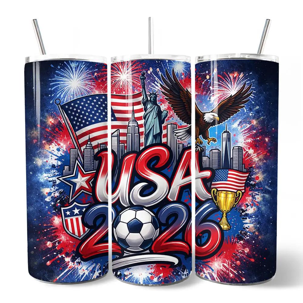 Tumbler USA 2026 soccer cup with lid; red white blue skyline and soccer ball OrnamentallyYou on Tampa Home & Garden Store