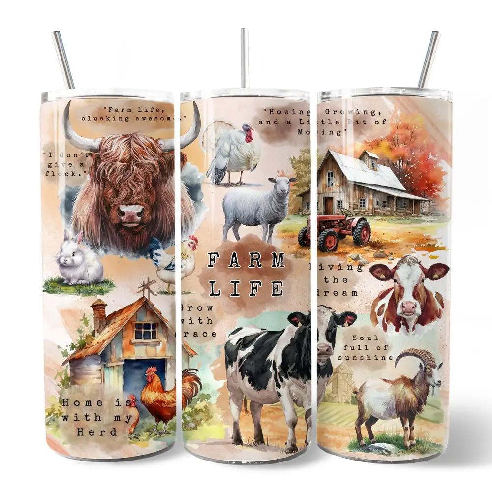 3-pack Farm Life 20oz tumbler set with lid and straw, farm animal collage OrnamentallyYou on Tampa Home & Garden Store