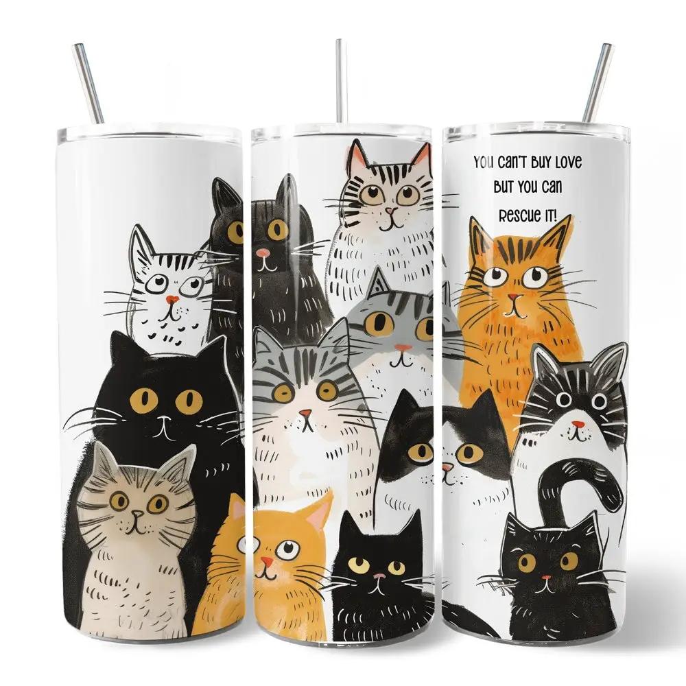 Animal Rescue Cat 20oz Tumbler set of 3 with lids, white tumblers featuring cat illustrations on Tampa Home & Garden Store