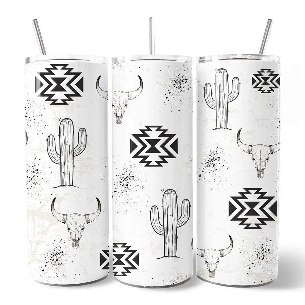 Aztec Tribal 20oz tumbler set of 3 with lid and straw, white with black geometric motifs on Tampa Home & Garden Store